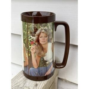 1977 Vintage Farrah Fawcett Coffee Cup Mug Made Brown Tall Pro Arts USA